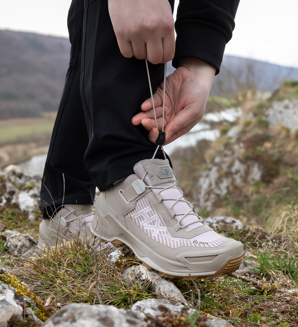 hiking shoe, ankle boot, beige, mesh pattern, outdoor footwear
